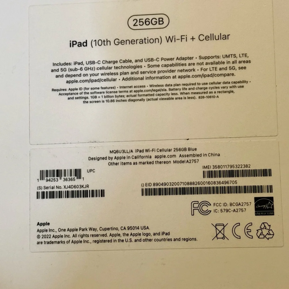 Apple iPad EMPTY BOX 10th generation blue 256 GB Apple stickers included